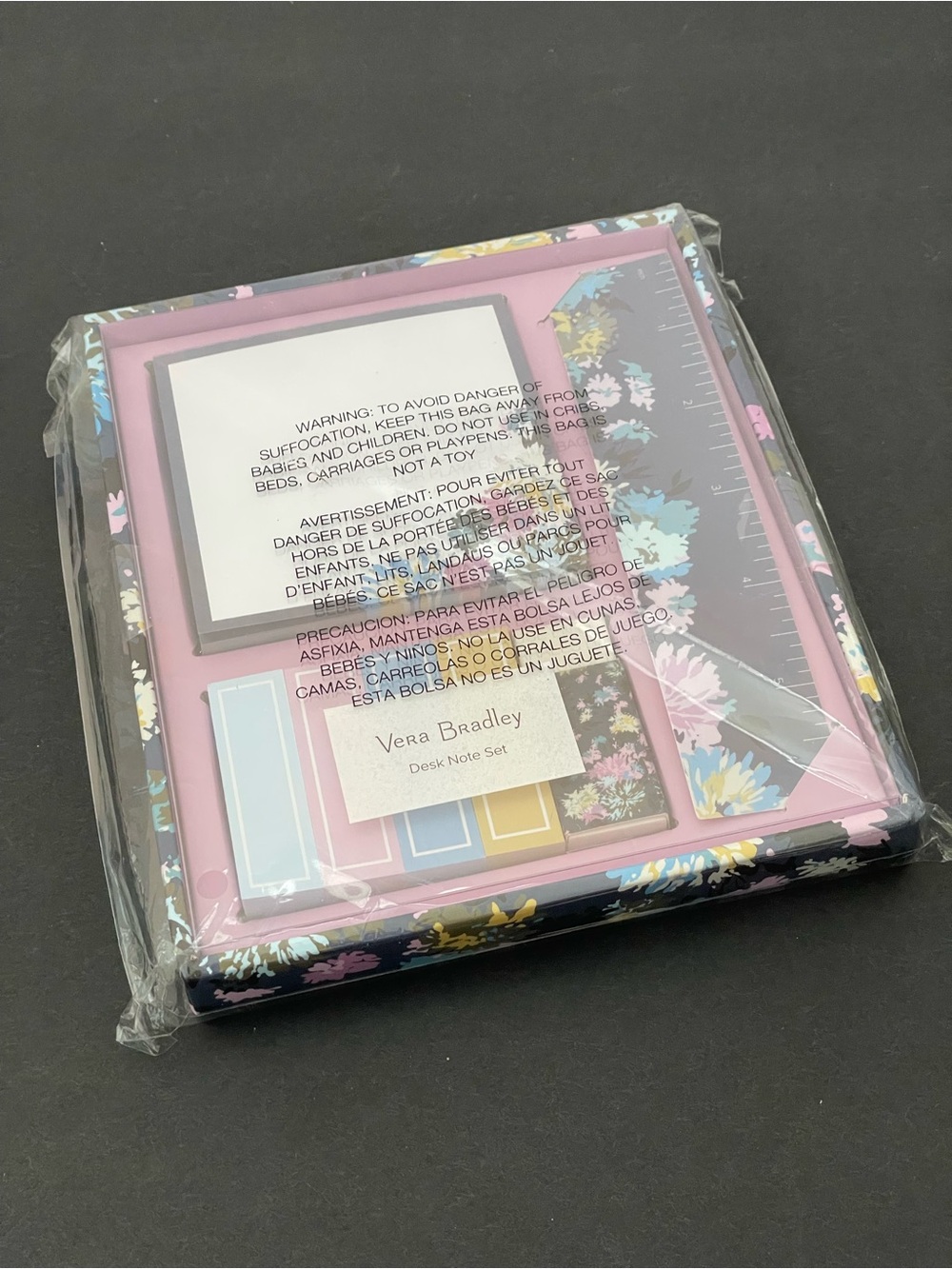 Vera Bradley Chrysanthemum Crush desk note set with sticky notes, ruler & eraser